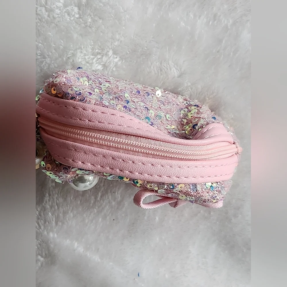 Pink Sequin Hello Kitty Mini Purse with Pearl Handle Keychain Bag Charm